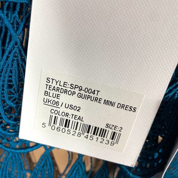 Self-Portrait Guipure Lace Mini Dress Teal Tiered Sleeveless Teardrop Sz 2 - Picture 14 of 16